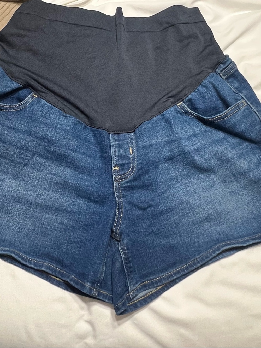 Maternity Denim Shorts with navy Stretch Panel - Women's Comfort Shorts